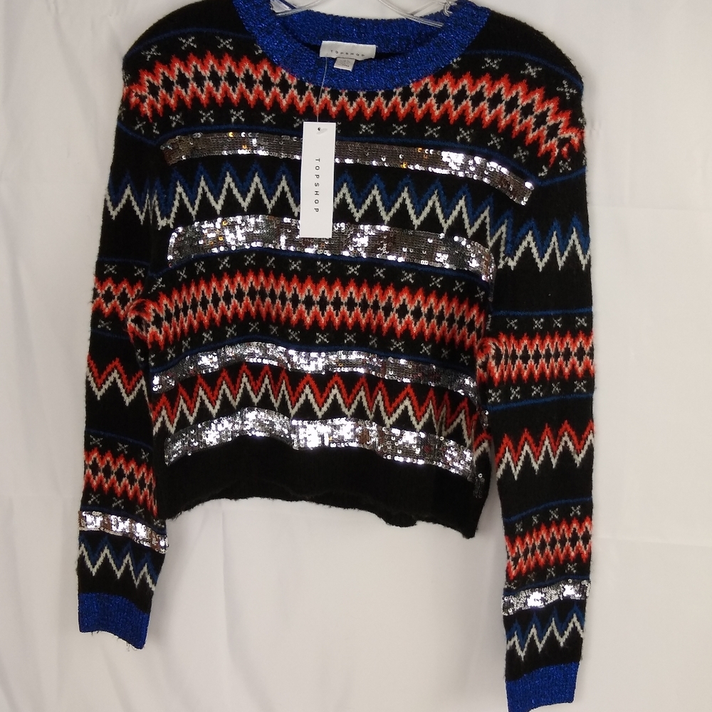 Topshop Knit Crew Neck Pull Over Cropped Women's Size 4 Multi Colored Sweater